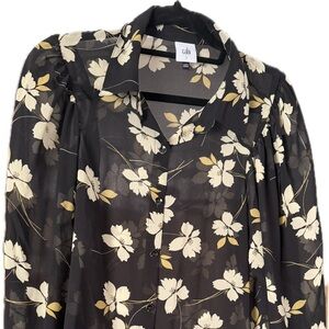 CAbi Black Sheer Floral Button-Front Blouse with Cream and Tan Accents